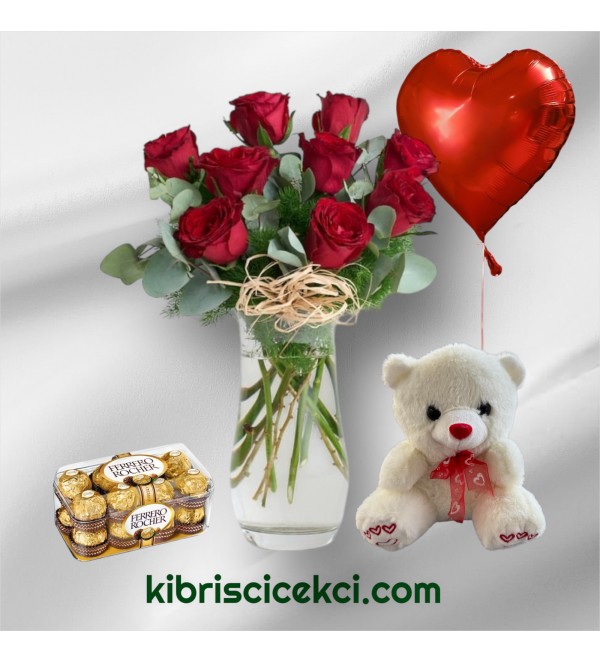 Vazoda 9 Kırmızı Gül Ayıcık 16'lı Ferrero Çikolata Kalp Helyum Balon